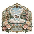 Ornate swan couple metal sign with two white swans forming a heart over a floral lakeside scene