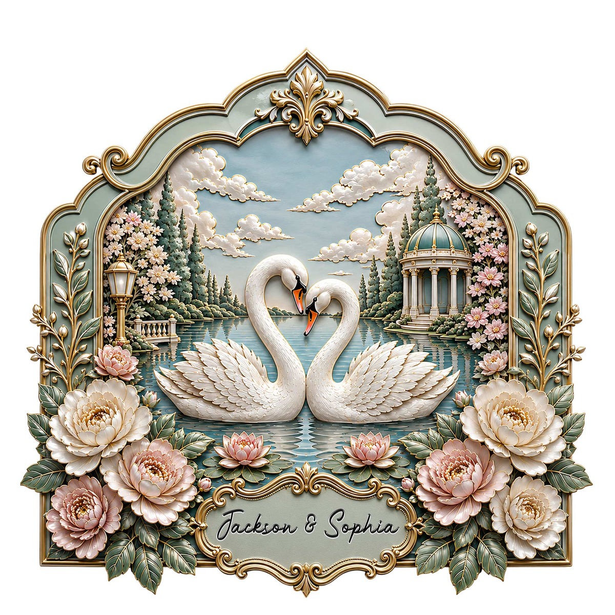 Ornate swan couple metal sign with two white swans forming a heart over a floral lakeside scene