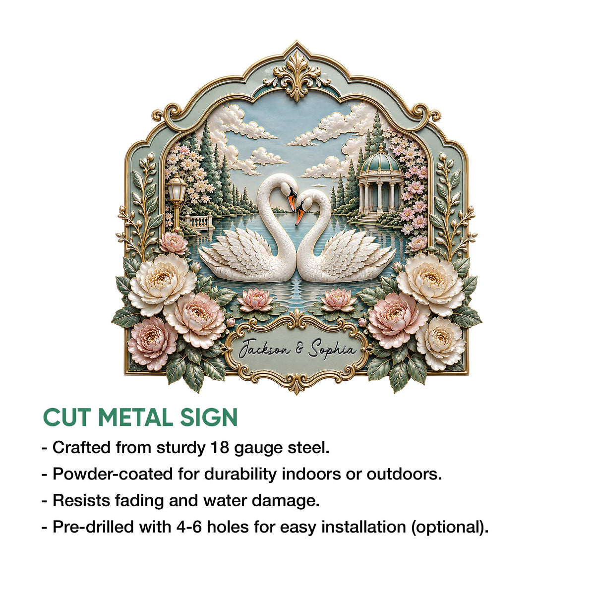 Swan couple metal sign feature graphic highlighting cut-metal construction and indoor or outdoor display
