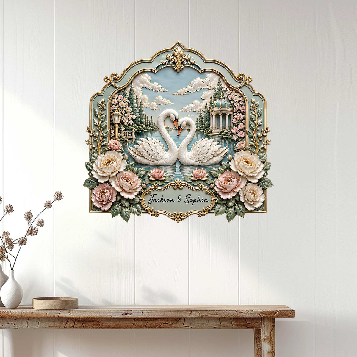 Romantic swan metal wall sign displayed above a console table in a bright home entryway