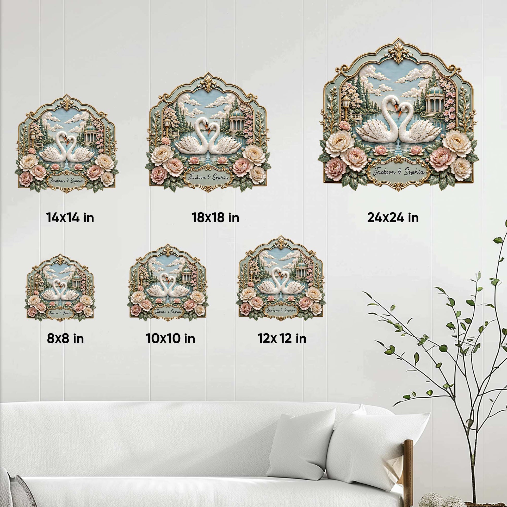 Swan couple metal sign size guide showing square options from 8 by 8 to 24 by 24 inches