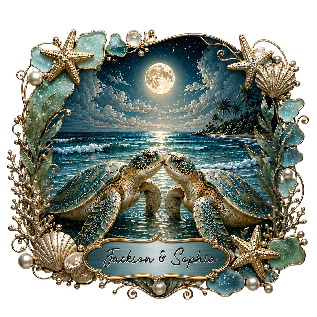 Custom turtle metal sign featuring two sea turtles meeting in a moonlit tropical ocean framed by seashells