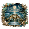 Custom turtle metal sign featuring two sea turtles meeting in a moonlit tropical ocean framed by seashells