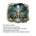 Sea turtle metal sign product infographic showing the coastal artwork and available sign size options