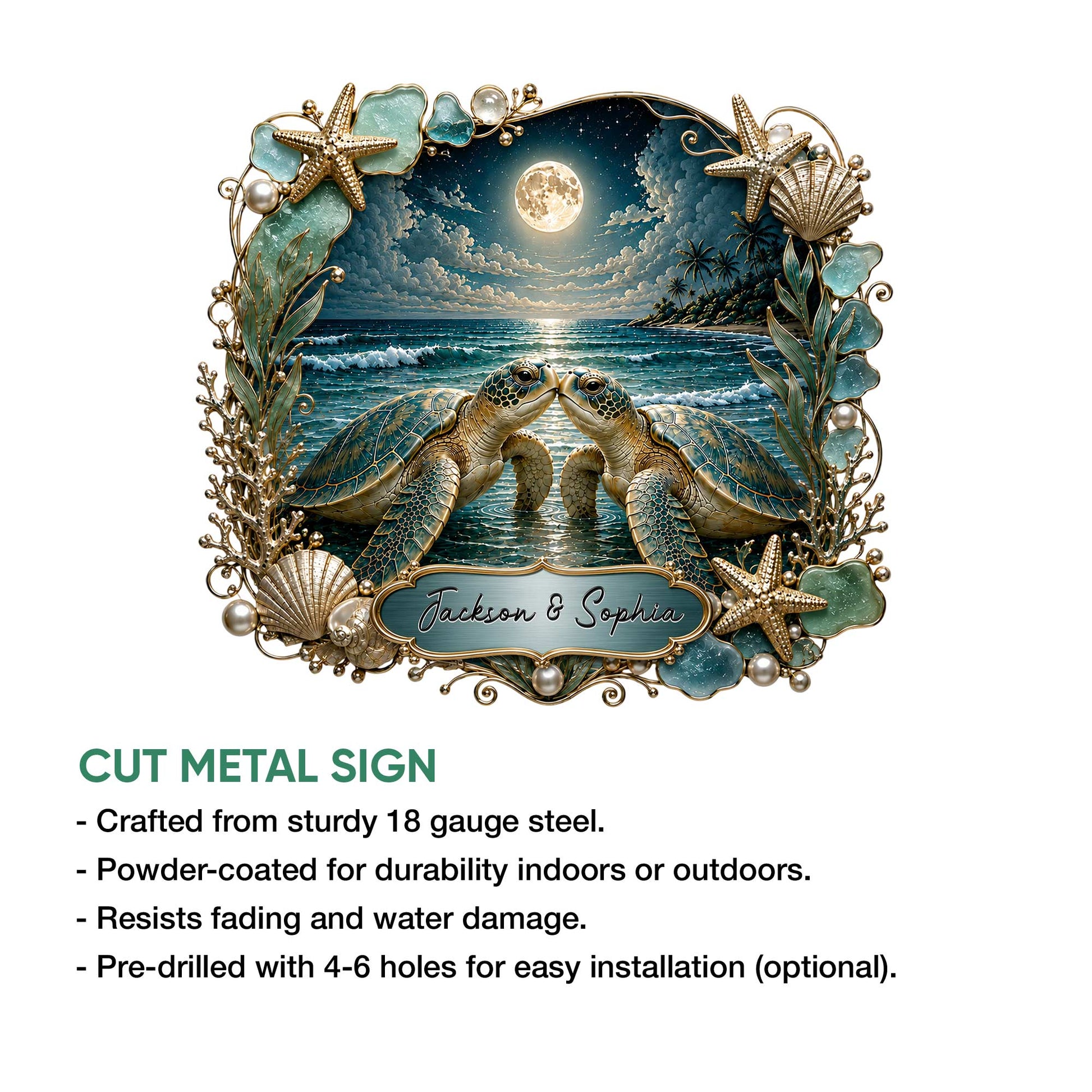Sea turtle metal sign product infographic showing the coastal artwork and available sign size options