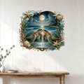 Sea turtle couple wall sign displayed on white paneled decor above a wooden console table