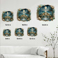 Sea turtle metal sign size guide showing multiple square size options styled above a living room sofa