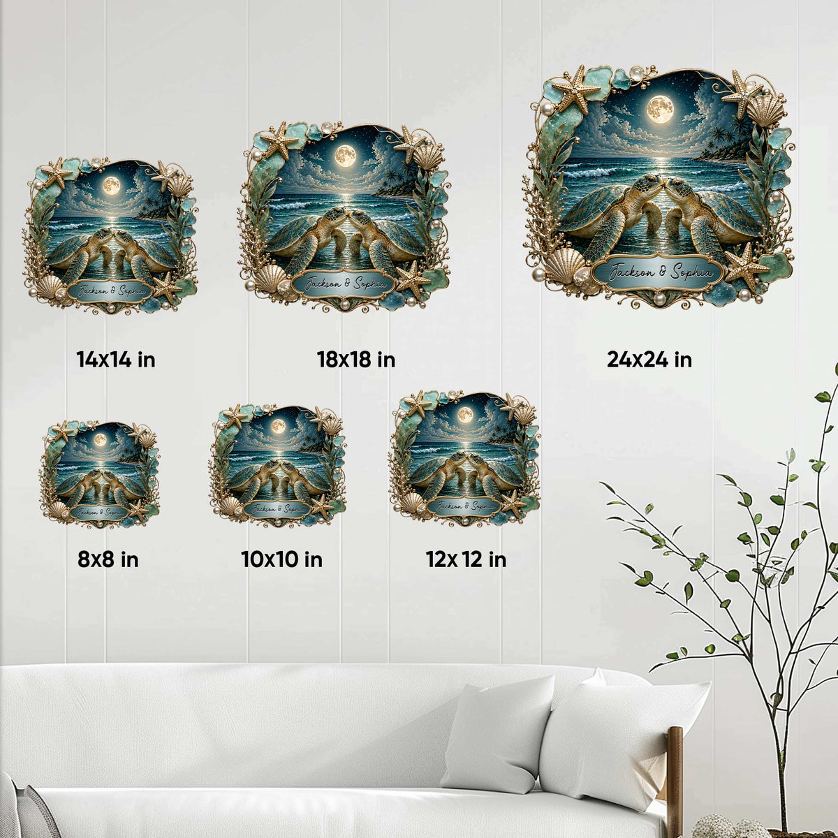 Sea turtle metal sign size guide showing multiple square size options styled above a living room sofa