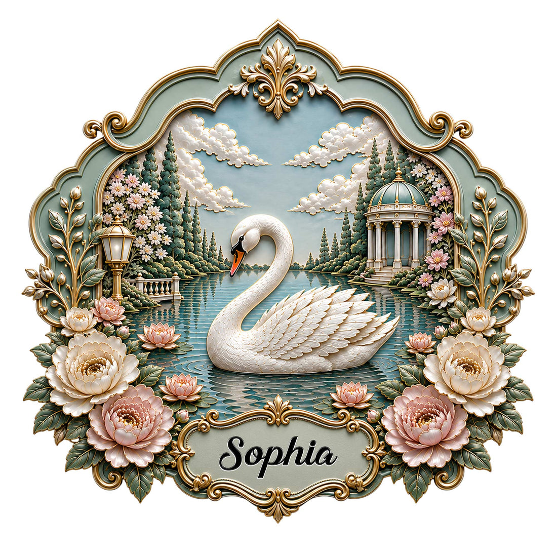 Ornate swan metal sign featuring a white swan on a garden lake with flowers, trees, and a classical pavilion