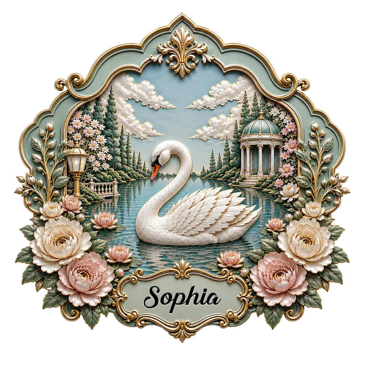 Ornate swan metal sign featuring a white swan on a garden lake with flowers, trees, and a classical pavilion