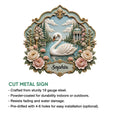 Swan metal sign feature graphic showing the ornate garden lake artwork and cut metal sign presentation