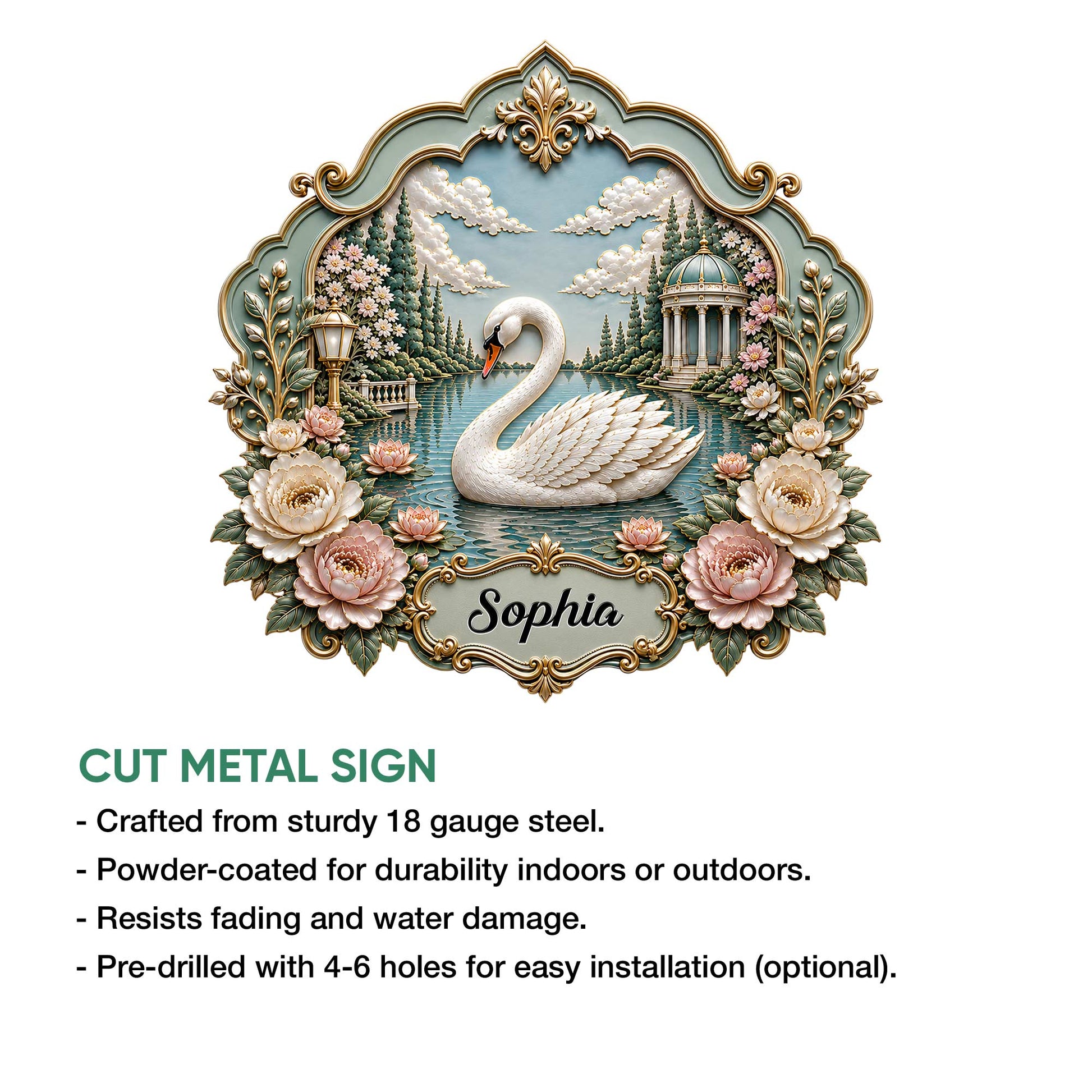 Swan metal sign feature graphic showing the ornate garden lake artwork and cut metal sign presentation