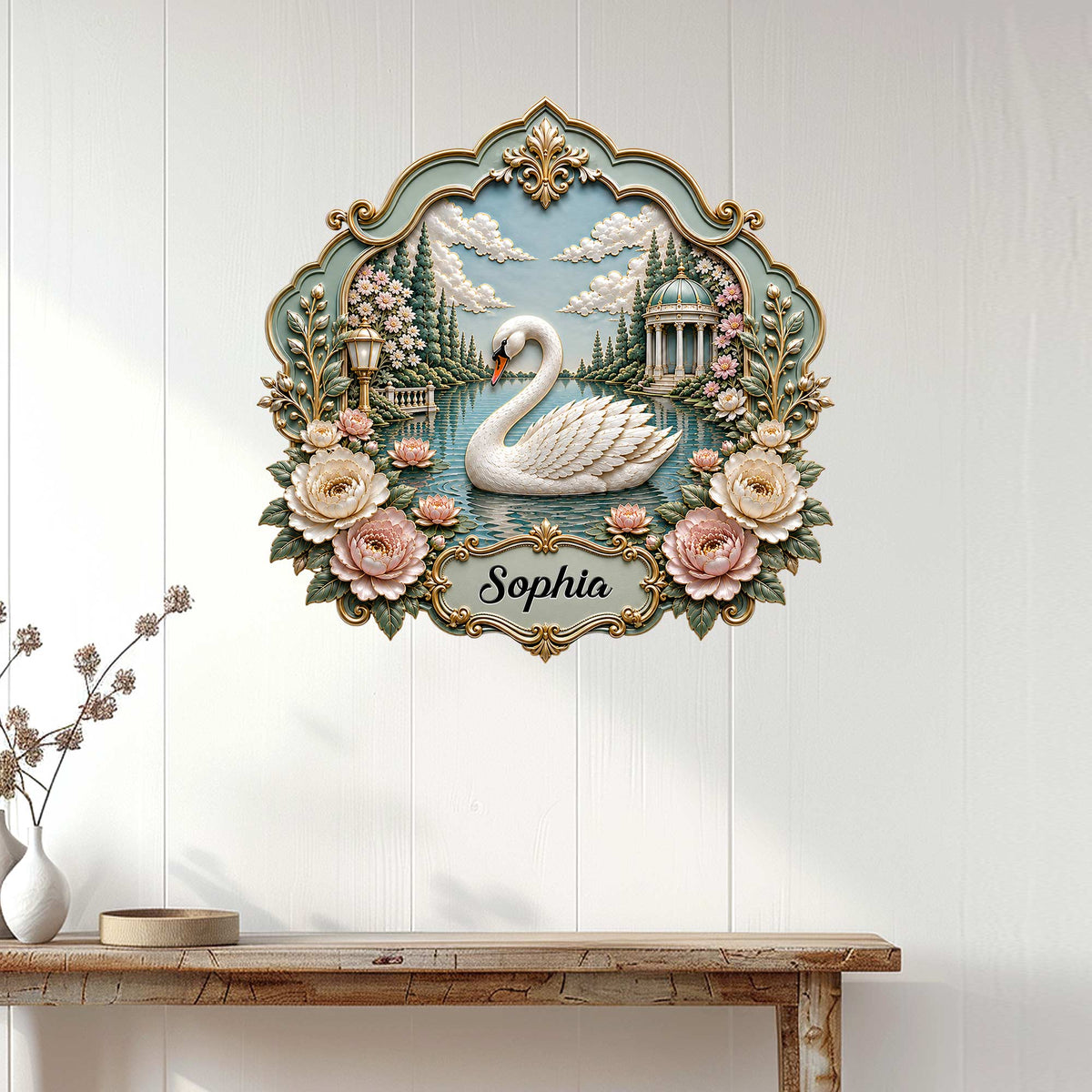 Elegant swan wall sign displayed above a console table in a bright, refined home interior