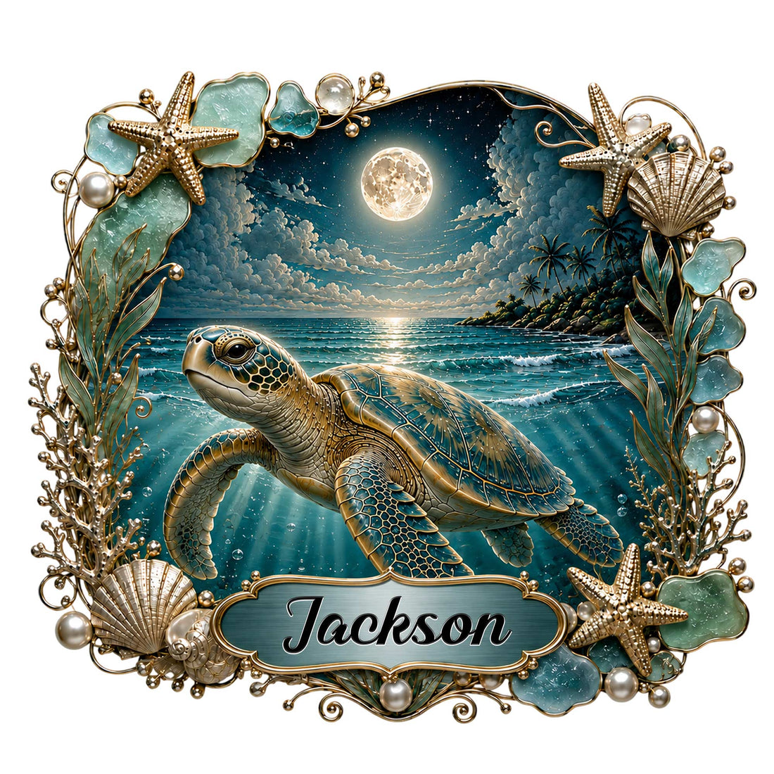 Ornate sea turtle metal sign with a moonlit ocean scene, seashells, starfish, coral, and tropical foliage