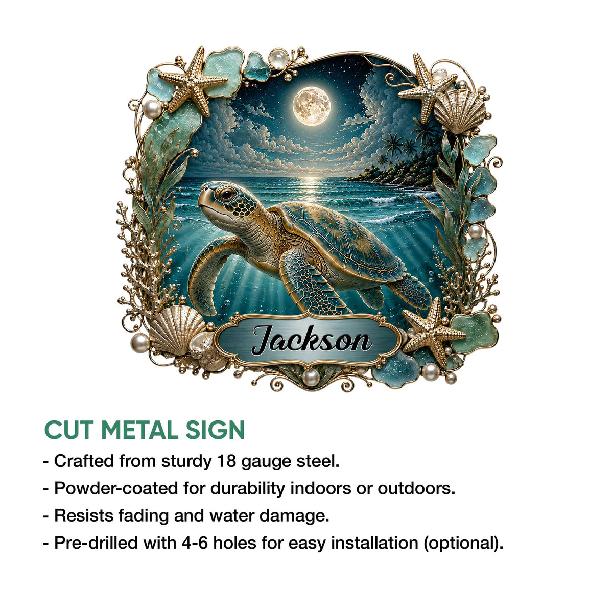 Sea turtle cut metal sign displayed with an ocean-at-night design and decorative coastal border