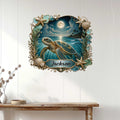 Sea turtle wall decor displayed on a white-paneled wall above a console table in a coastal home