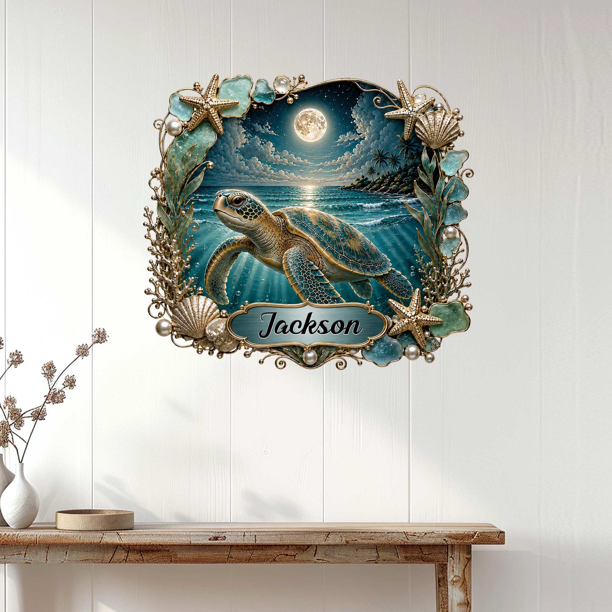Sea turtle wall decor displayed on a white-paneled wall above a console table in a coastal home