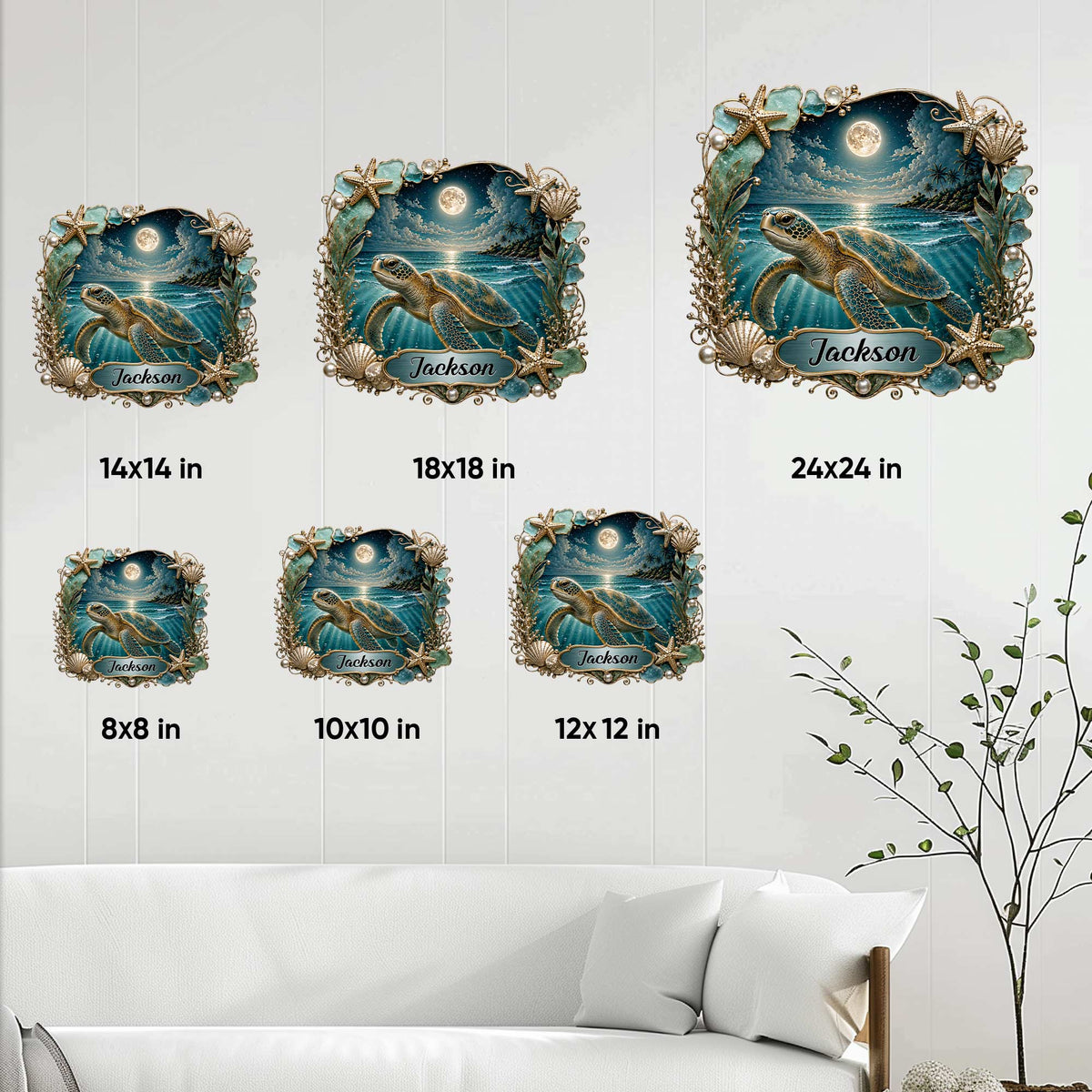Sea turtle metal sign size guide showing 8, 10, 12, 14, 18, and 24 inch options