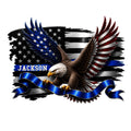 Patriotic police metal sign featuring a flying bald eagle, American flag stripes, stars, and blue ribbon