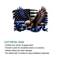 Cut metal police sign featuring a patriotic bald eagle, American flag design, and blue ribbon