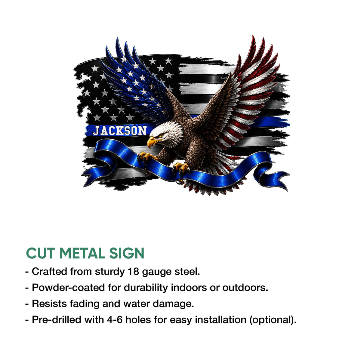 Cut metal police sign featuring a patriotic bald eagle, American flag design, and blue ribbon