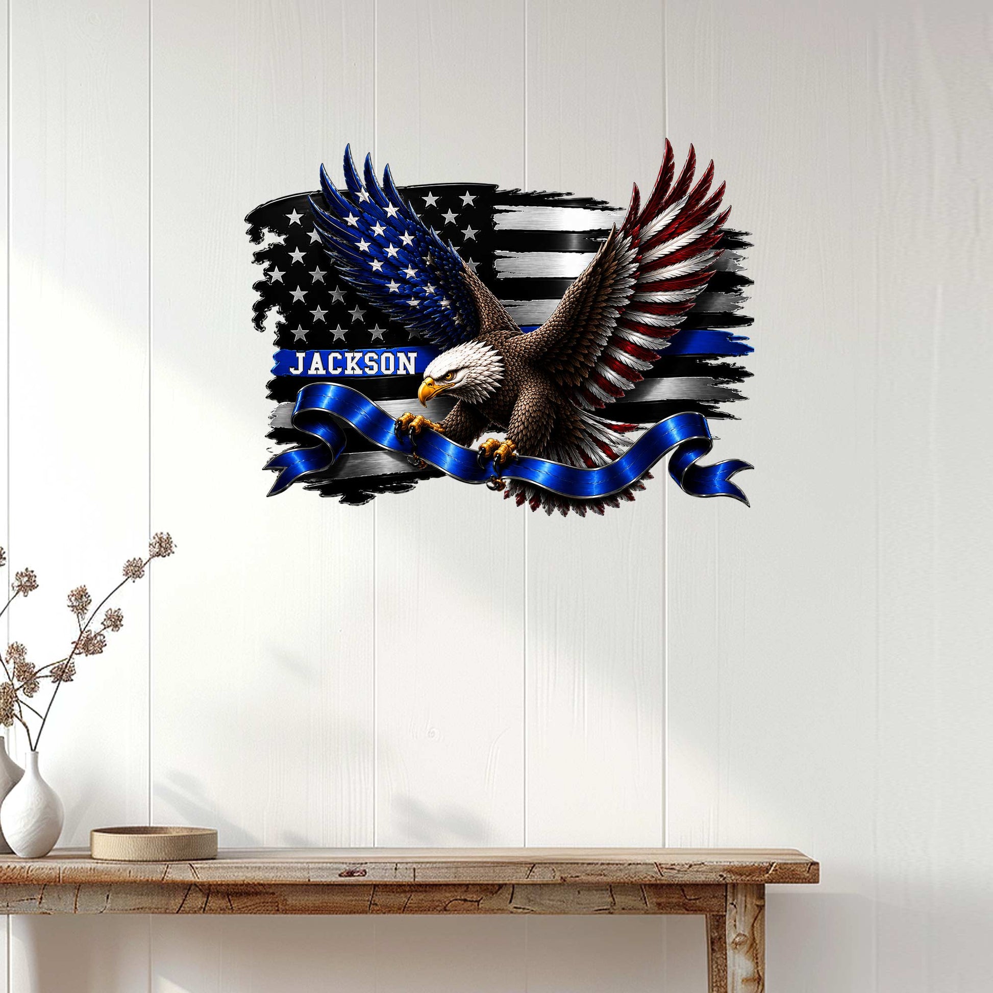 Patriotic law enforcement metal sign displayed on a light wood wall above a console table
