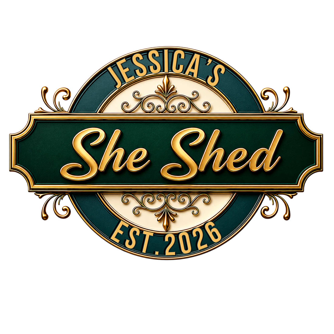 Ornate custom She Shed metal sign with gold scrollwork, deep green panels, and a classic decorative crest