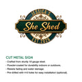She Shed metal sign product graphic showing the ornate green and gold design with cut steel sign features