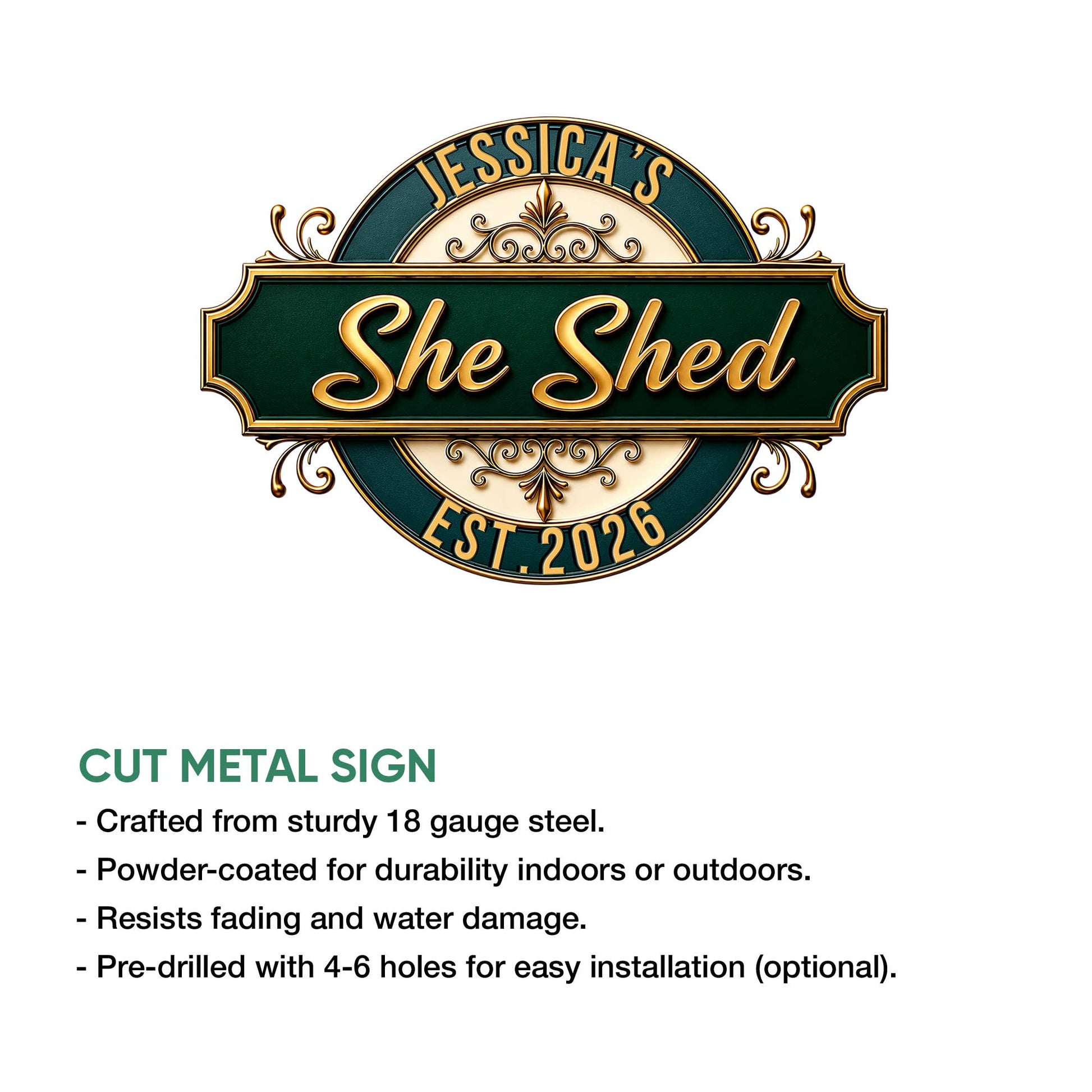 She Shed metal sign product graphic showing the ornate green and gold design with cut steel sign features
