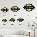 She Shed metal sign size guide showing square options from 8 by 8 inches through 24 by 24 inches