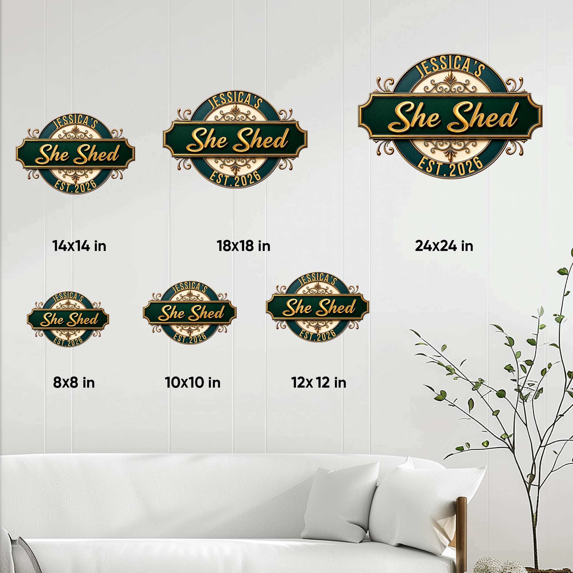 She Shed metal sign size guide showing square options from 8 by 8 inches through 24 by 24 inches