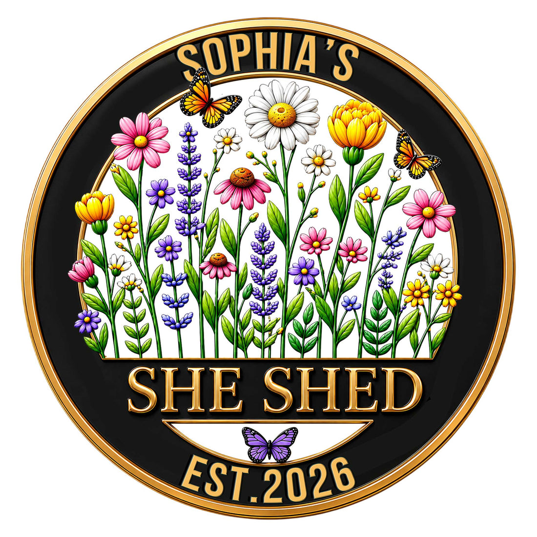 Round She Shed metal sign with colorful wildflowers, butterflies, and a gold-trimmed black design