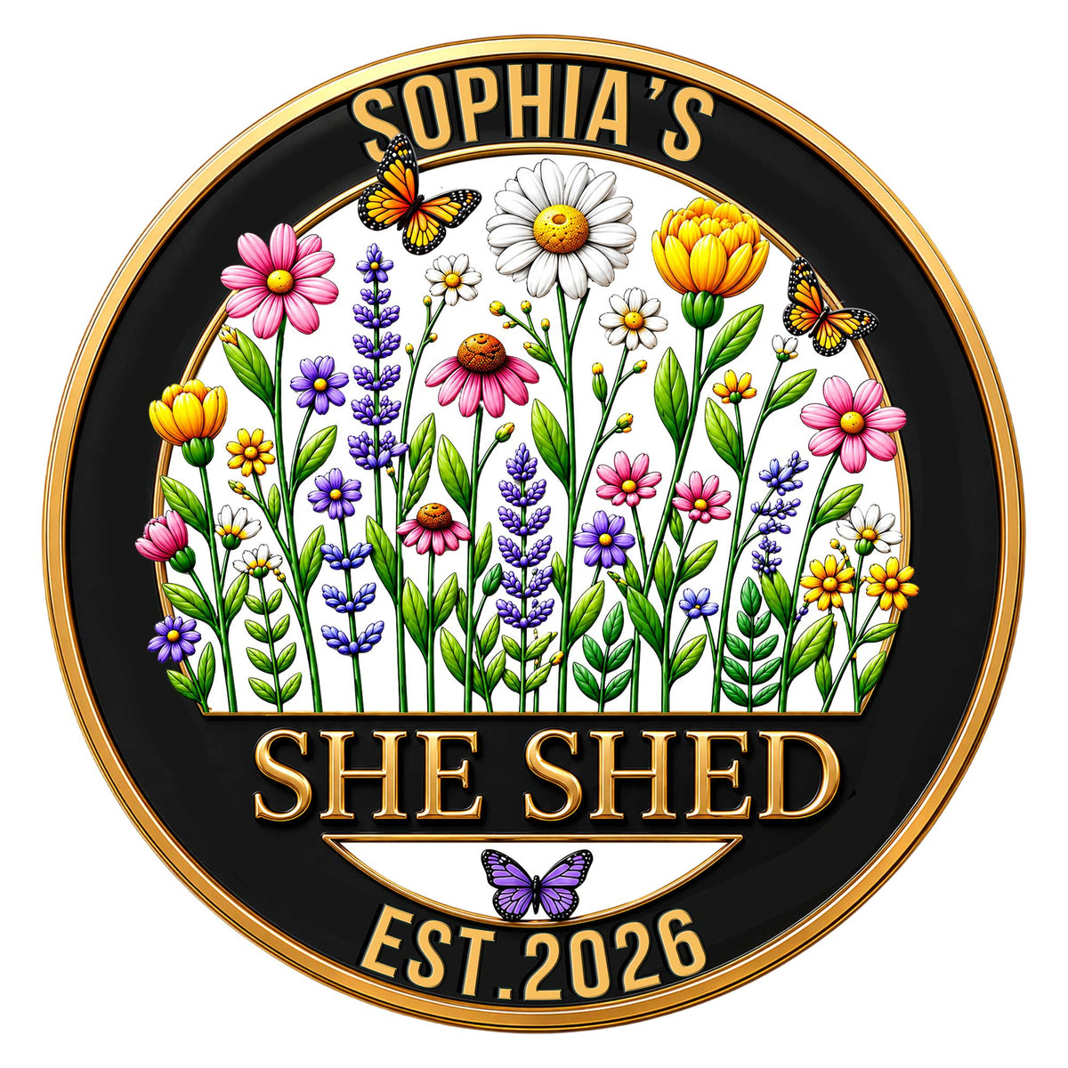 Round She Shed metal sign with colorful wildflowers, butterflies, and a gold-trimmed black design