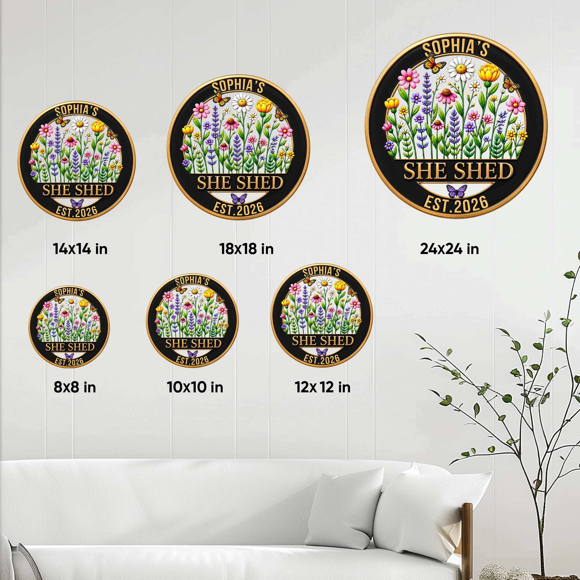 She Shed flower garden metal sign shown in multiple size options on a bright wall