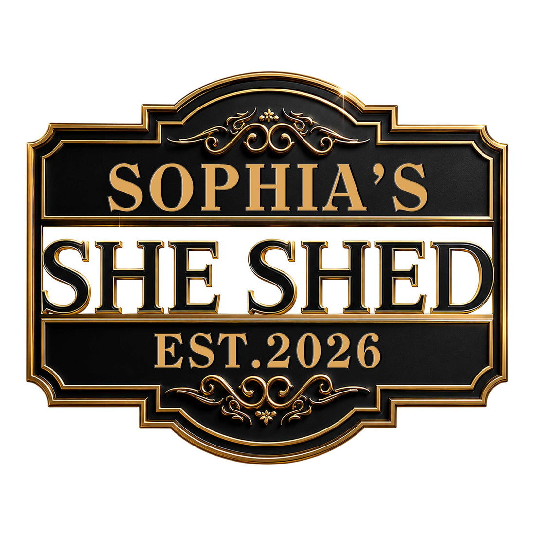 Ornate black and gold custom She Shed metal sign with decorative scrollwork and a classic framed design