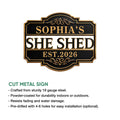 She Shed cut metal sign shown with ornate black and gold styling and indoor-outdoor display features