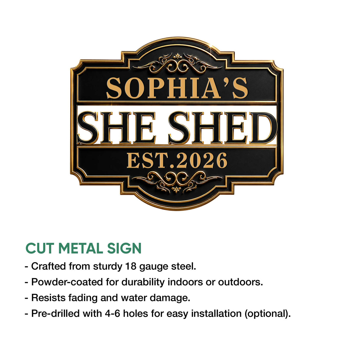 She Shed cut metal sign shown with ornate black and gold styling and indoor-outdoor display features