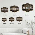 She Shed metal sign size guide showing available square sizes from 8 by 8 to 24 by 24 inches