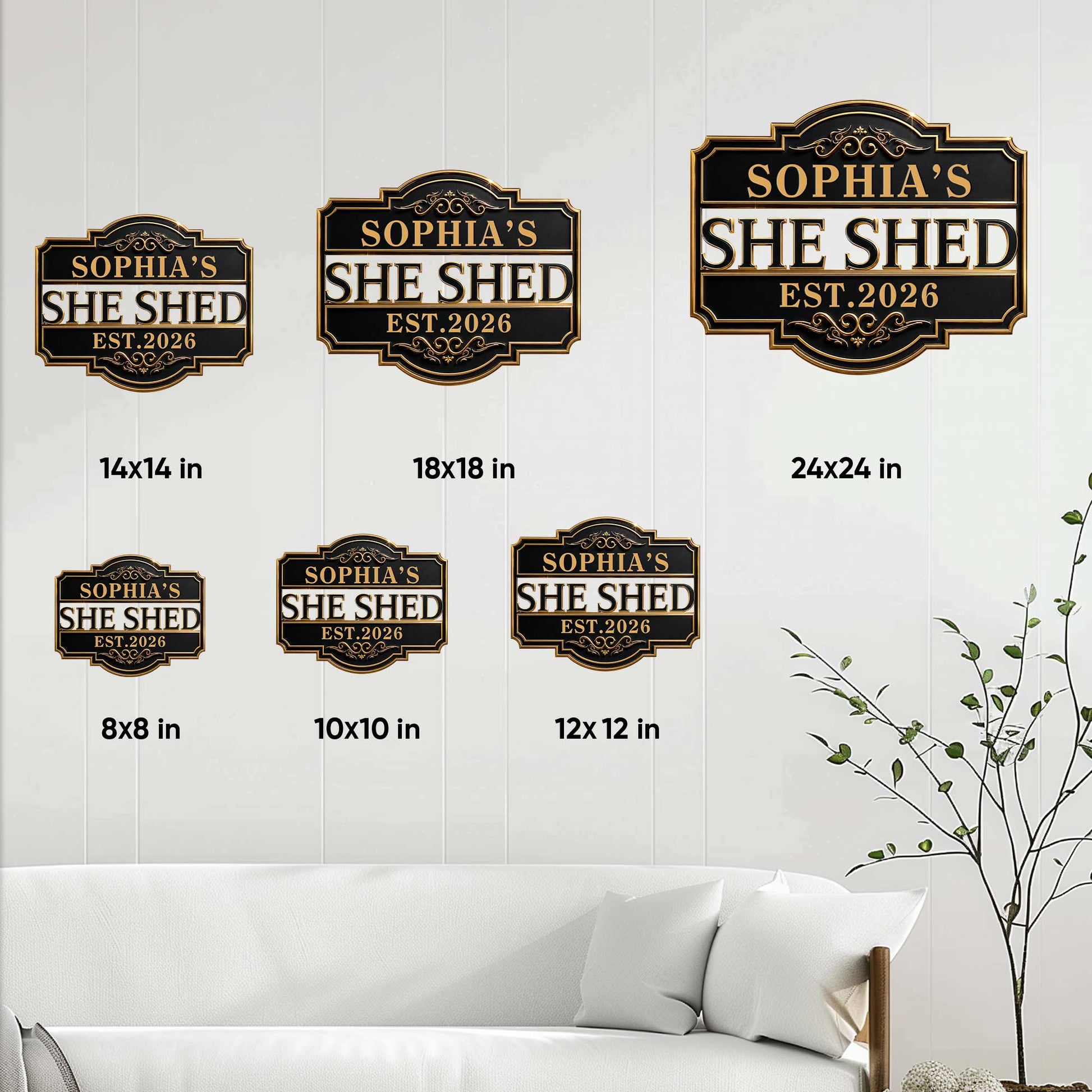 She Shed metal sign size guide showing available square sizes from 8 by 8 to 24 by 24 inches