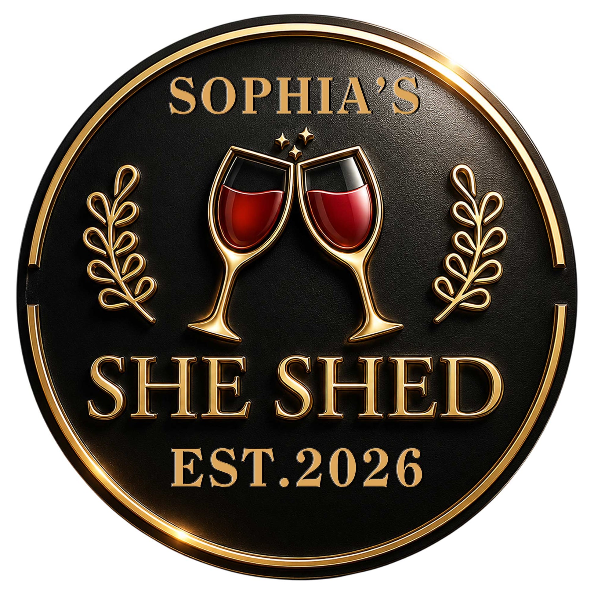 Custom wine metal sign with clinking red wine glasses, gold laurel accents, and a bold she shed design