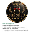 Wine she shed metal sign product graphic highlighting the round cut-metal design and indoor or outdoor display