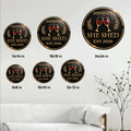 Wine she shed metal sign size guide showing round options from 8 by 8 inches to 24 by 24 inches