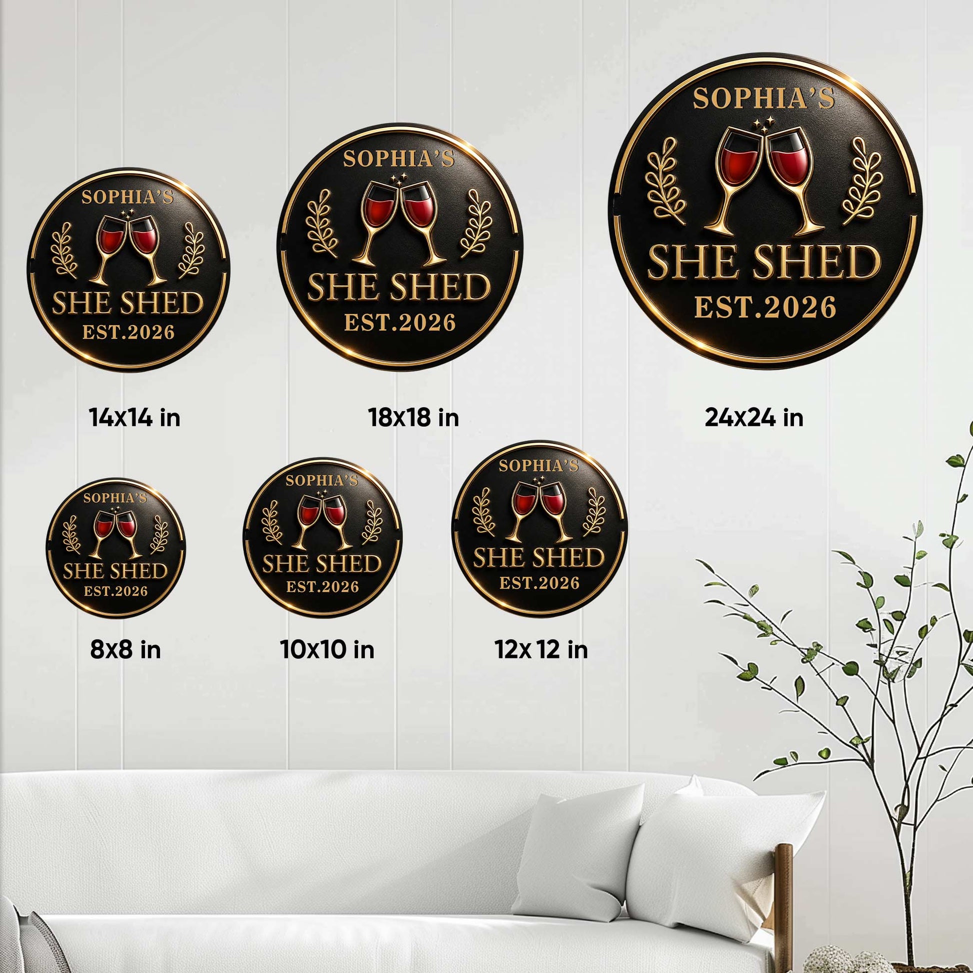 Wine she shed metal sign size guide showing round options from 8 by 8 inches to 24 by 24 inches