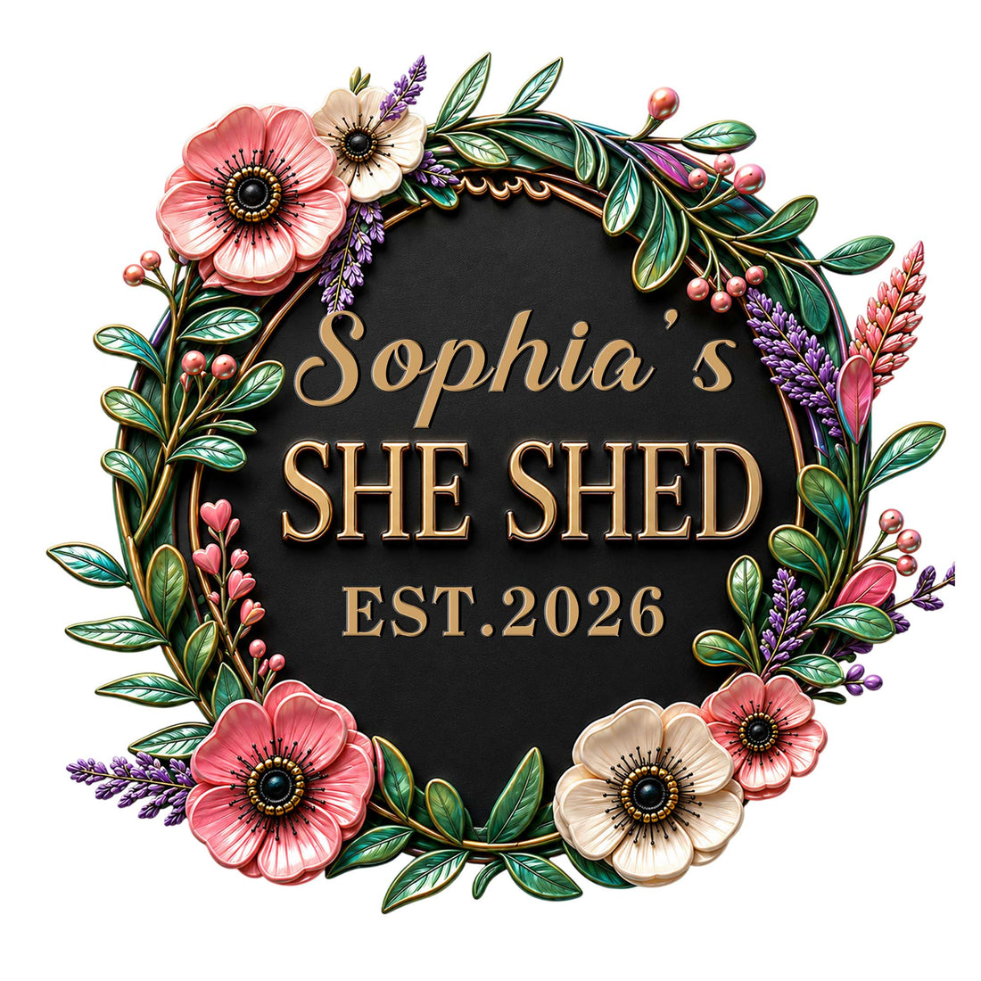 Floral wreath She Shed metal sign with colorful flowers, leafy greenery, and a dark center