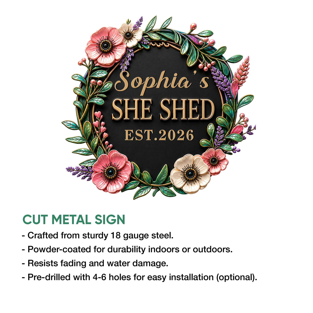 Cut metal She Shed sign featuring a colorful floral wreath and decorative leafy botanical design