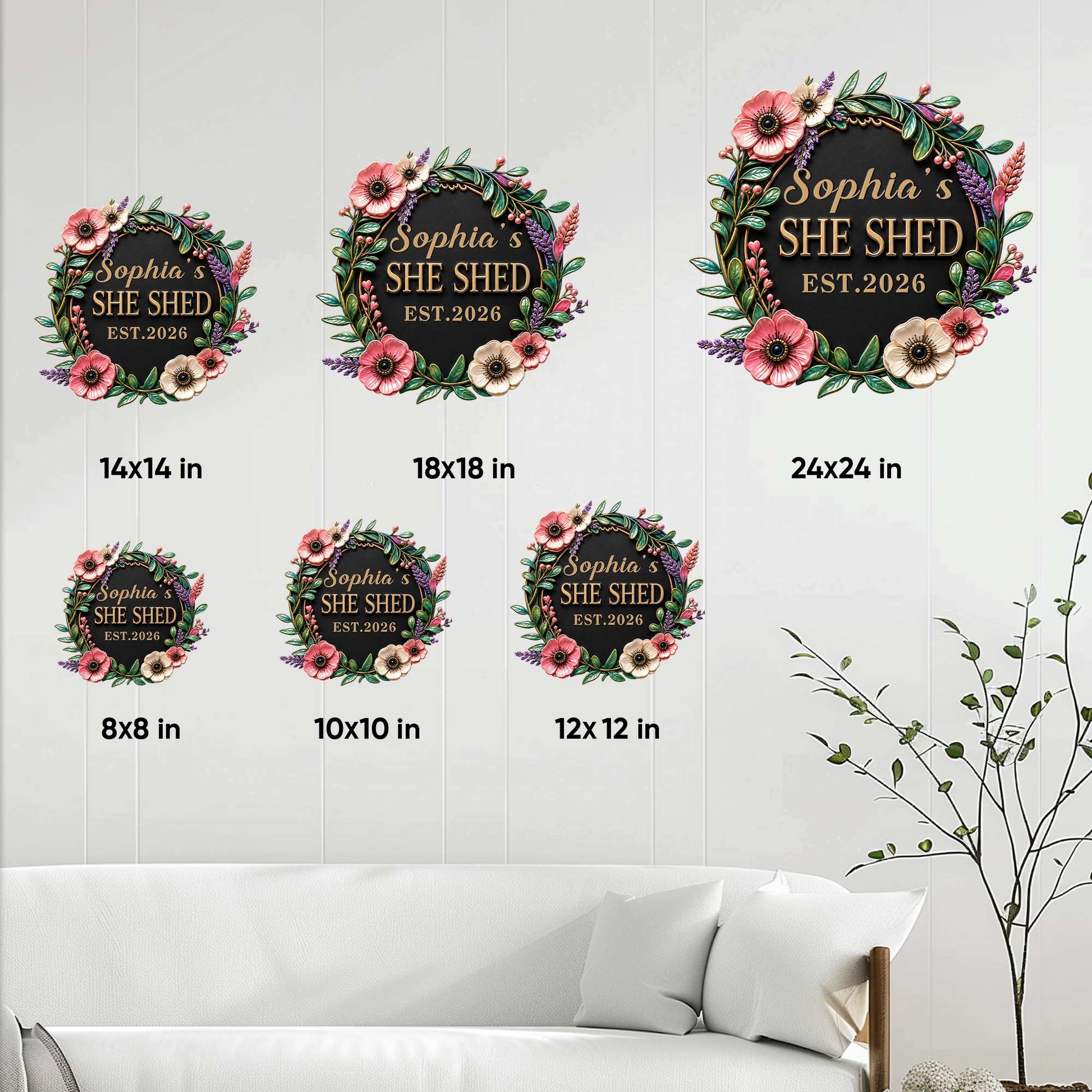 She Shed floral metal sign shown in multiple size options from 8 by 8 to 24 by 24 inches