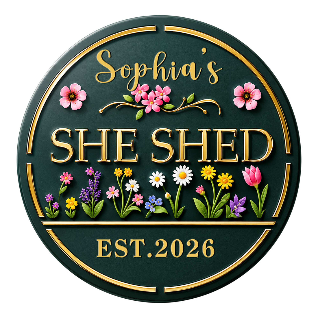 Round custom She Shed metal sign with gold accents, colorful flowers, and elegant garden-inspired artwork