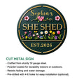 She Shed metal sign feature infographic highlighting cut metal construction and indoor or outdoor display use