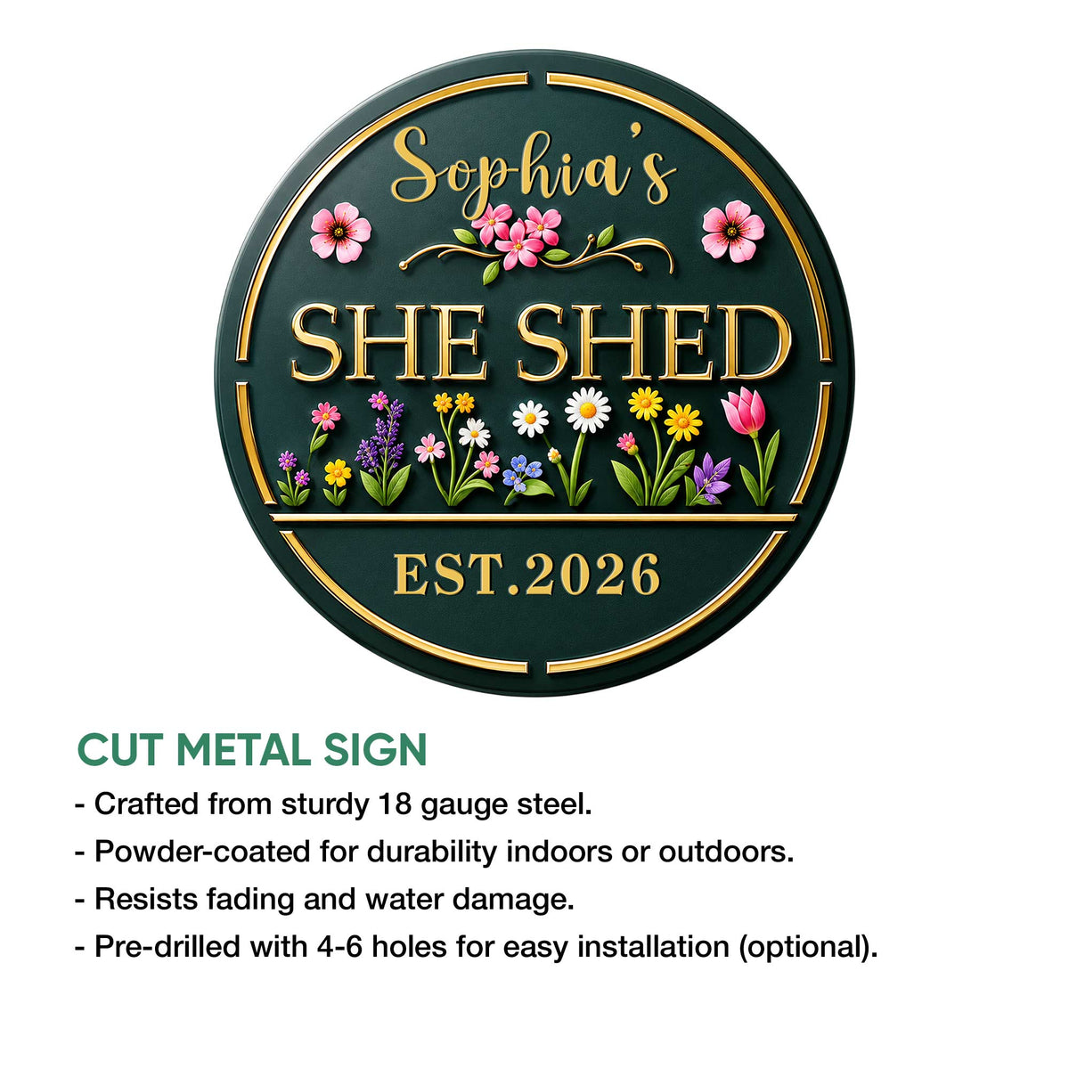 She Shed metal sign feature infographic highlighting cut metal construction and indoor or outdoor display use