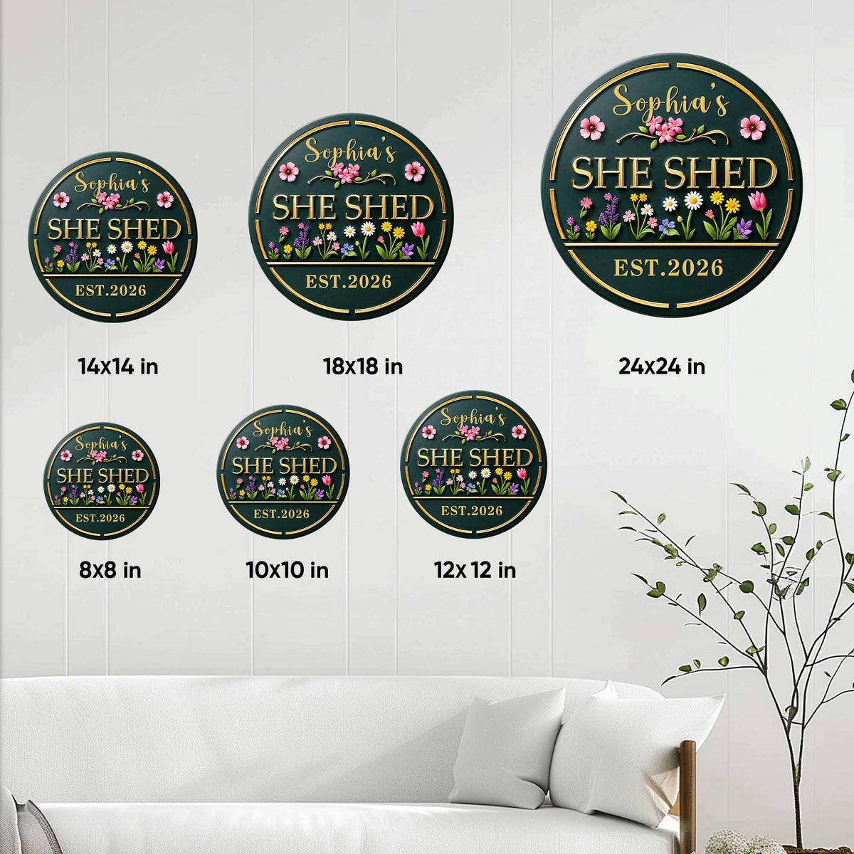 She Shed metal sign size guide showing round sign options from 8x8 inches through 24x24 inches